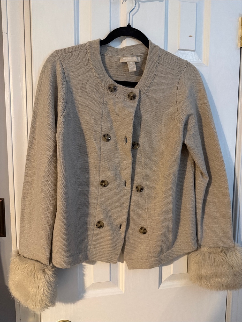 Banana Republic Double-Breasted Knit Jacket with Faux Fur Cuffs - Neutral Beige